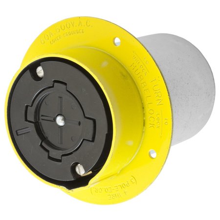 HUBBELL WIRING DEVICE-KELLEMS Locking Devices, Hubbellock, Industrial, Flanged Receptacle, 60A 600V AC, 3-Pole 4-Wire Grounding, Non NEMA, Screw Terminal, Yellow HBL26421